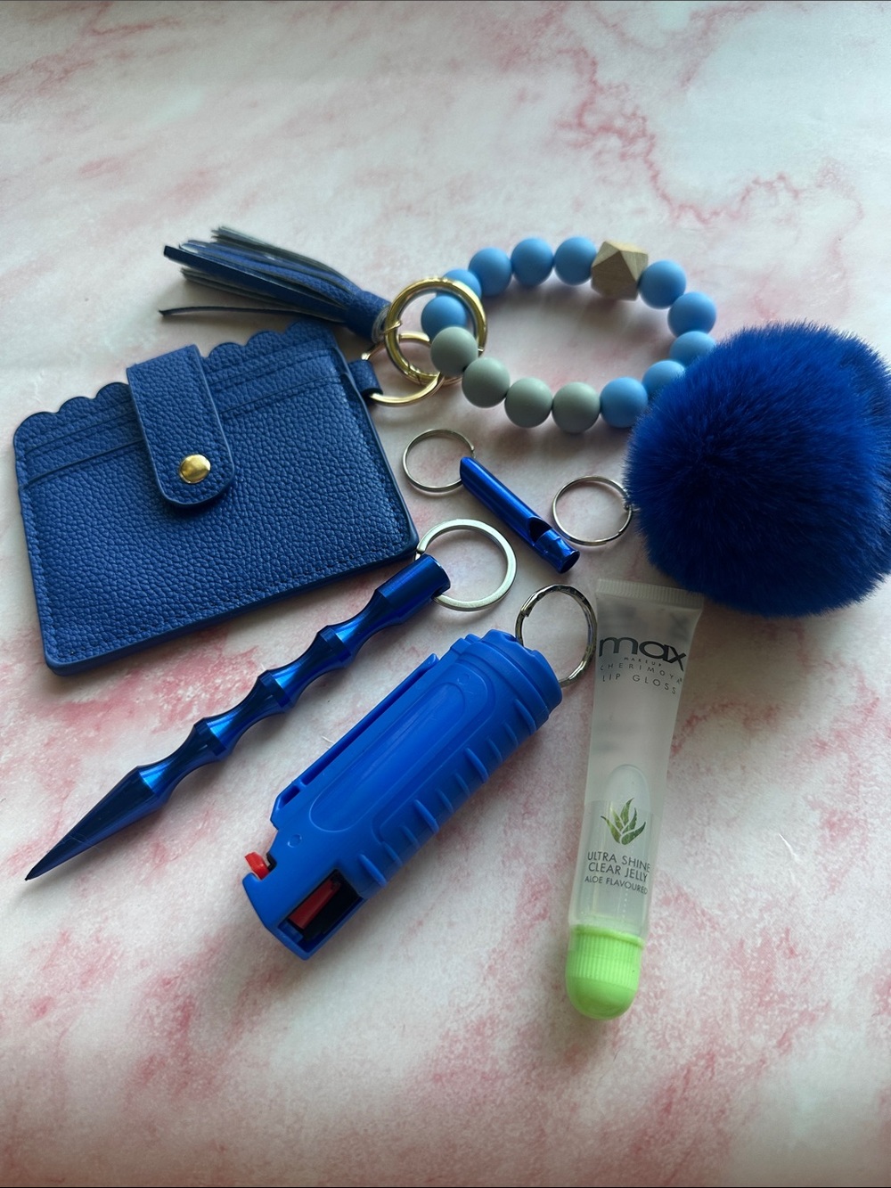 Blue Pom Pom Keychain and Matching Accessories Set